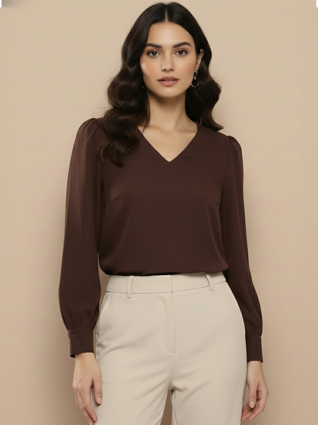 TrendiVastra Women Solid Regular Fit V Neck Top Office Wear in Khaki top, solid design, V neck, regular fit, look 29 view