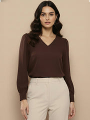 TrendiVastra Women Solid Regular Fit V Neck Top Office Wear in Khaki top, solid design, V neck, regular fit, look 29 view