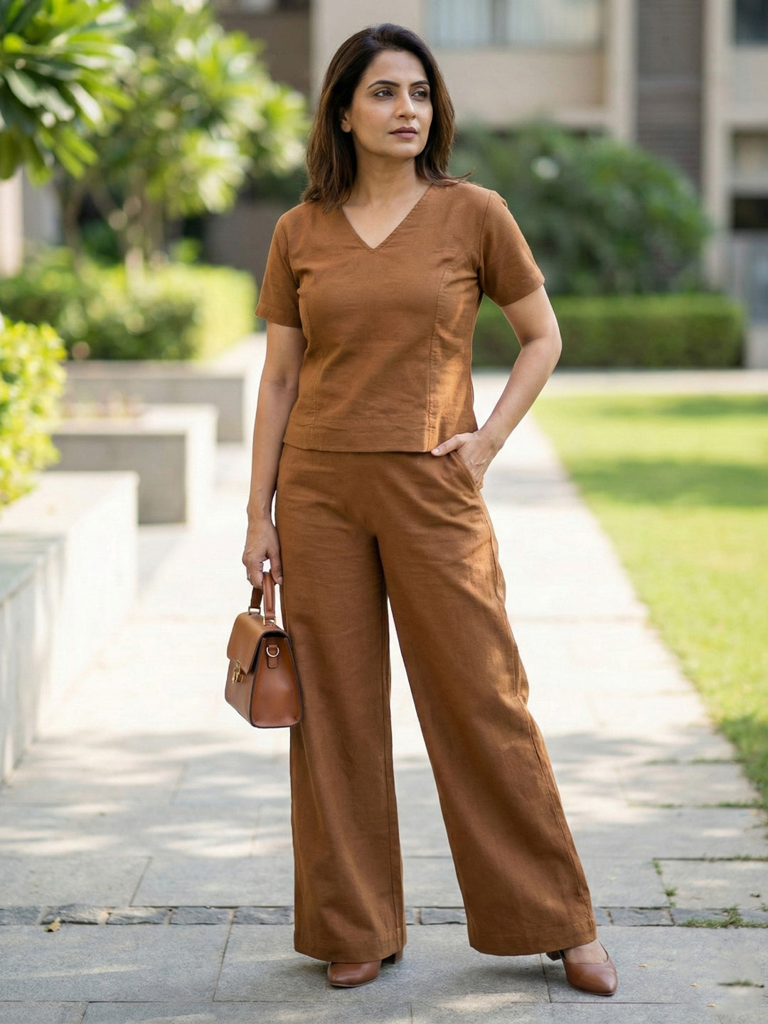 TrendiVastra Women Short Sleeve Co-Ord Set Casual Wear in Golden co-ord set, modern design, short sleeve, front view