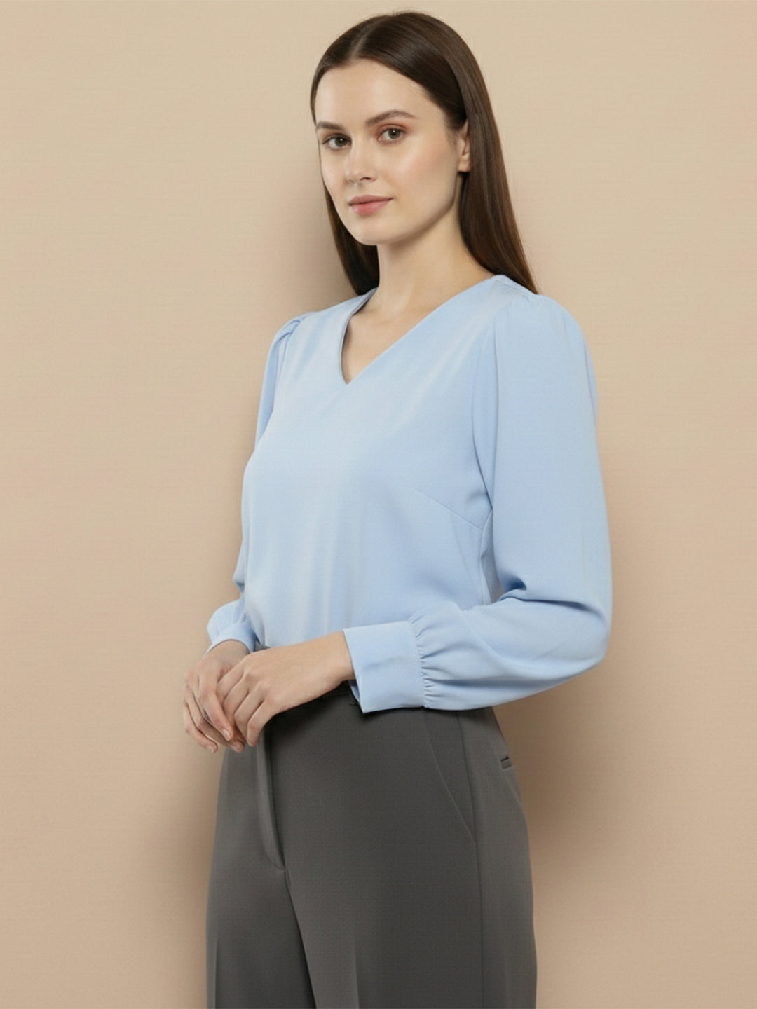 TrendiVastra Women Solid Regular Fit V Neck Top Office Wear in Sky Blue top, solid design, V neck, regular fit, back view