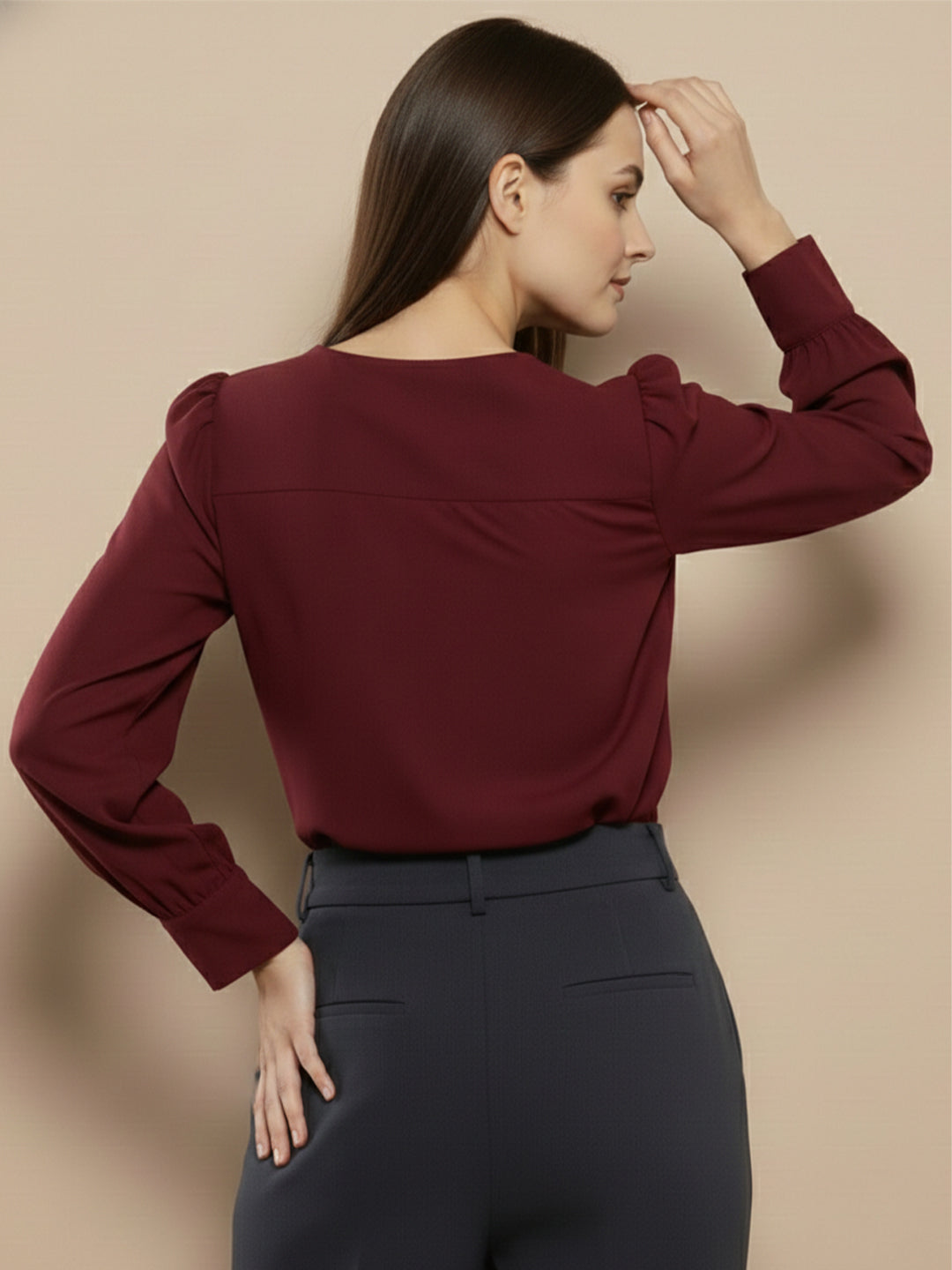 TrendiVastra Women Solid Regular Fit V Neck Top Office Wear in Peach top, solid design, V neck, regular fit, look 23 view