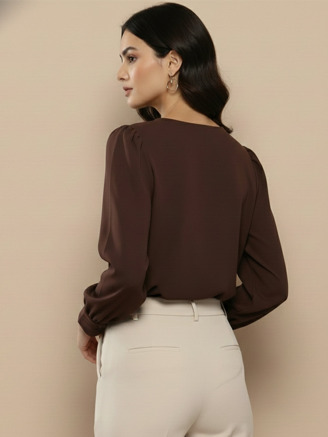 TrendiVastra Women Solid Regular Fit V Neck Top Office Wear in Khaki top, solid design, V neck, regular fit, look 30 view