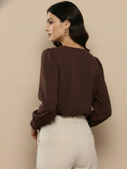 TrendiVastra Women Solid Regular Fit V Neck Top Office Wear in Khaki top, solid design, V neck, regular fit, look 30 view