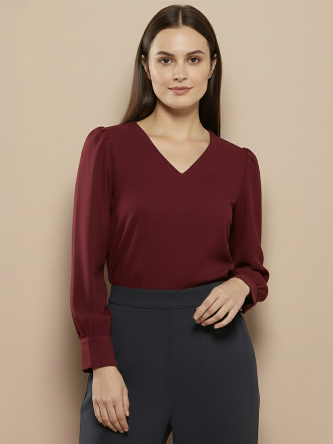 TrendiVastra Women Solid Regular Fit V Neck Top Office Wear in Peach top, solid design, V neck, regular fit, look 24 view