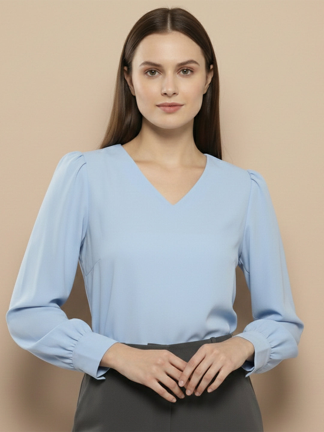 TrendiVastra Women Solid Regular Fit V Neck Top Office Wear in Sky Blue top, solid design, V neck, regular fit, style detail