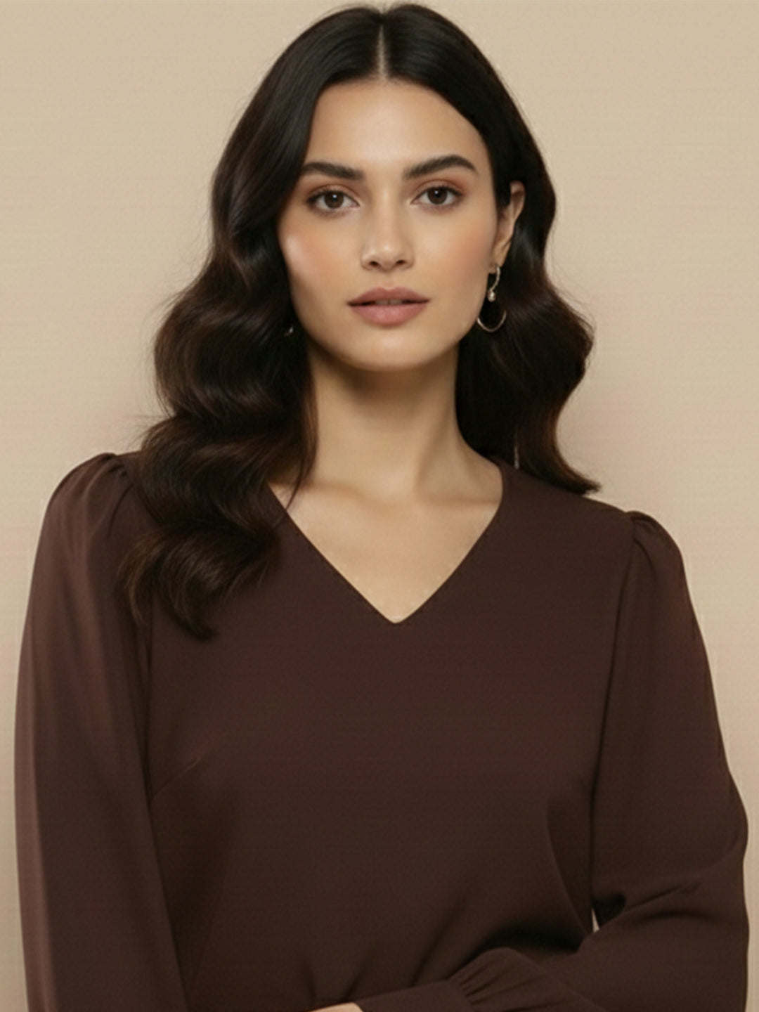 TrendiVastra Women Solid Regular Fit V Neck Top Office Wear in Khaki top, solid design, V neck, regular fit, look 31 view