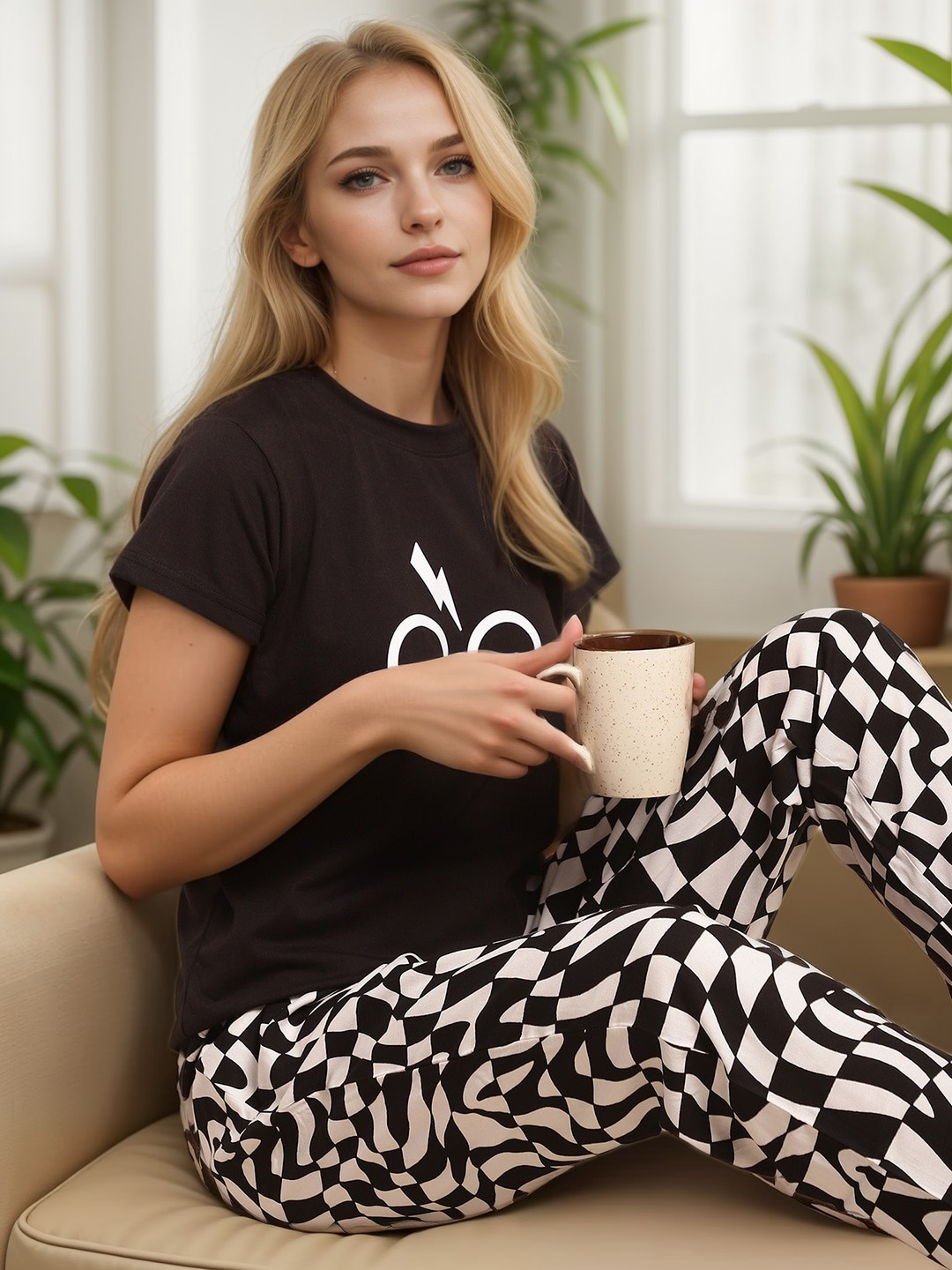 TrendiVastra Women Geometric Print Lounge Bottom Casual Wear in Black bottom wear, geometric print, back view
