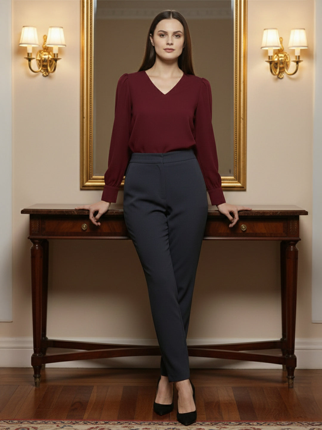 TrendiVastra Women Solid Regular Fit V Neck Top Office Wear in Peach top, solid design, V neck, regular fit, look 21 view