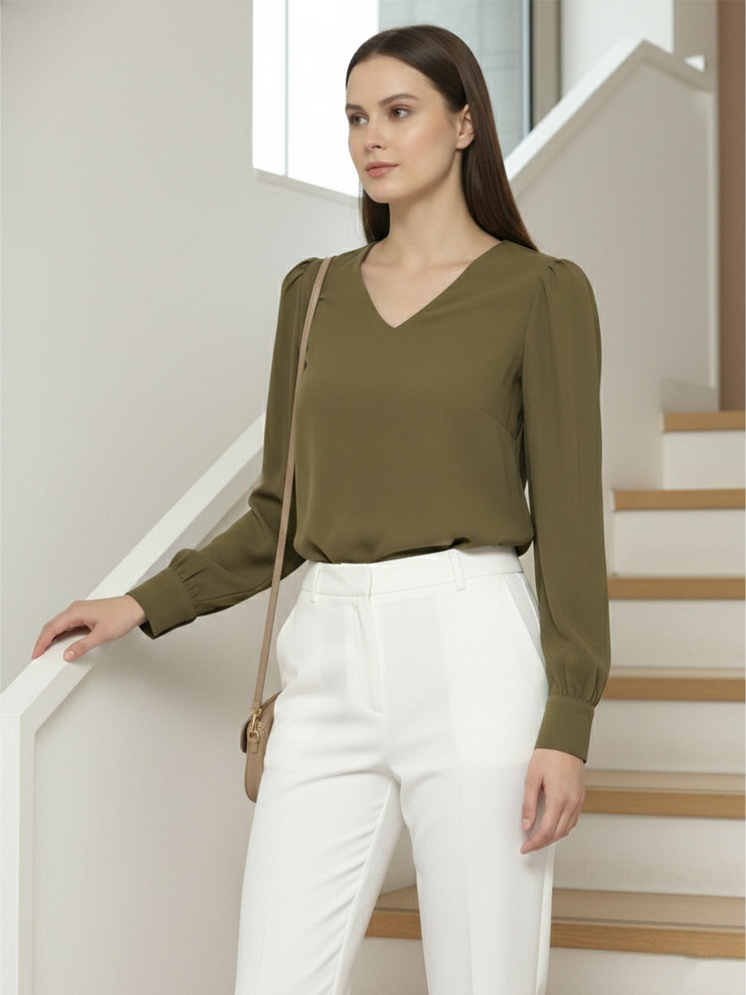 TrendiVastra Women Solid Regular Fit V Neck Top Office Wear in Sky Blue top, solid design, V neck, regular fit, look 45 view