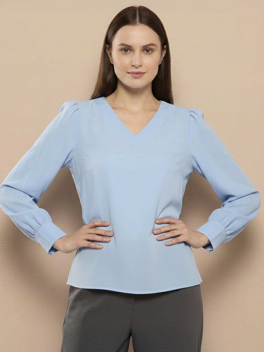 TrendiVastra Women Solid Regular Fit V Neck Top Office Wear in Sky Blue top, solid design, V neck, regular fit, side view