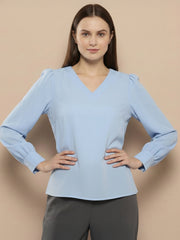 TrendiVastra Women Solid Regular Fit V Neck Top Office Wear in Sky Blue top, solid design, V neck, regular fit, side view