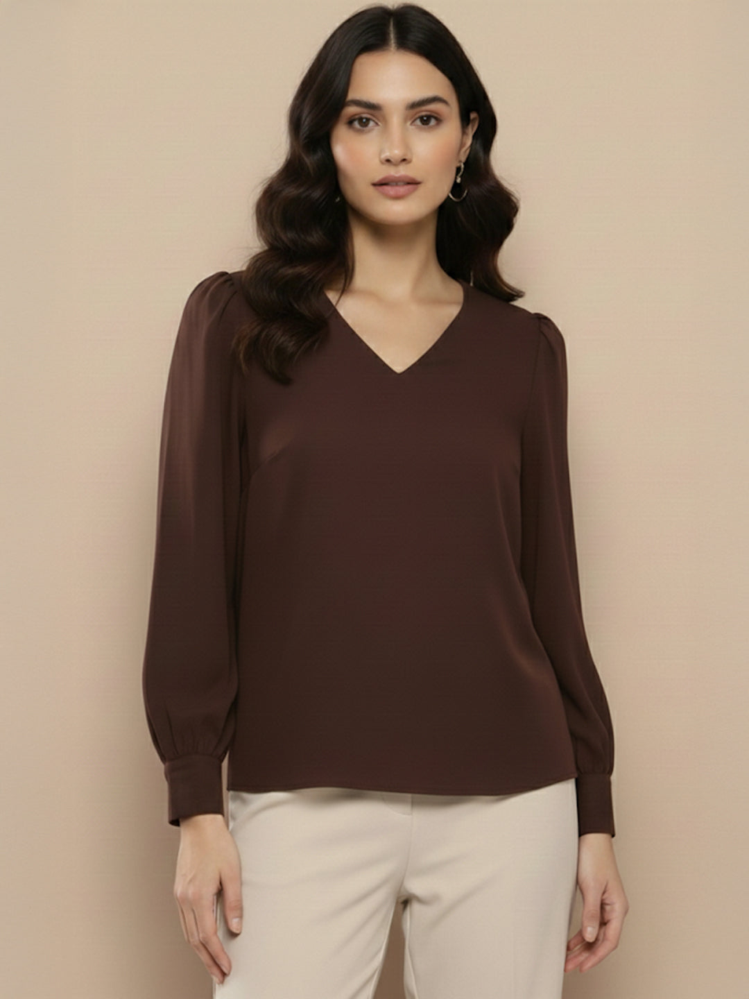 TrendiVastra Women Solid Regular Fit V Neck Top Office Wear in Gold top, solid design, V neck, regular fit, look 28 view