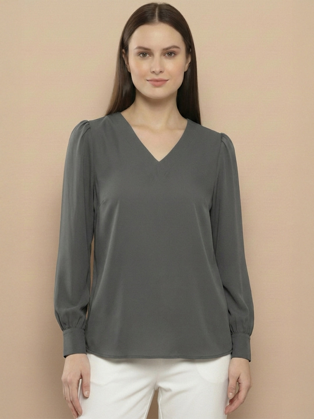 TrendiVastra Women Solid Regular Fit V Neck Top Office Wear in Maroon top, solid design, V neck, regular fit, look 15 view