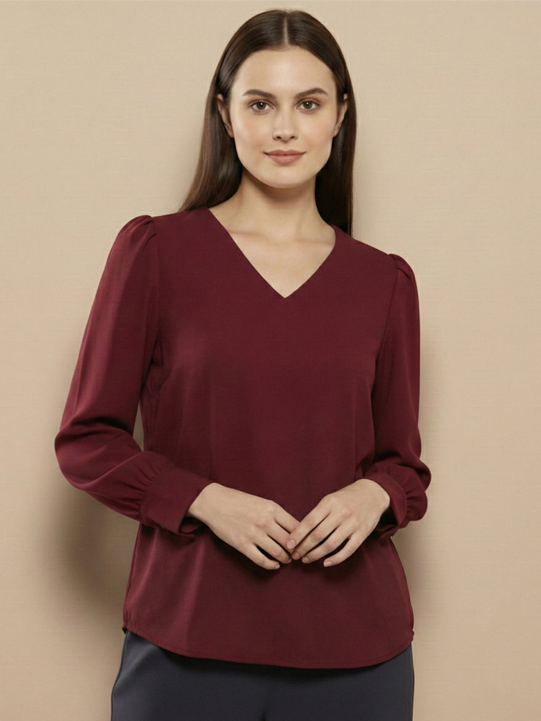 TrendiVastra Women Solid Regular Fit V Neck Top Office Wear in Peach top, solid design, V neck, regular fit, look 22 view