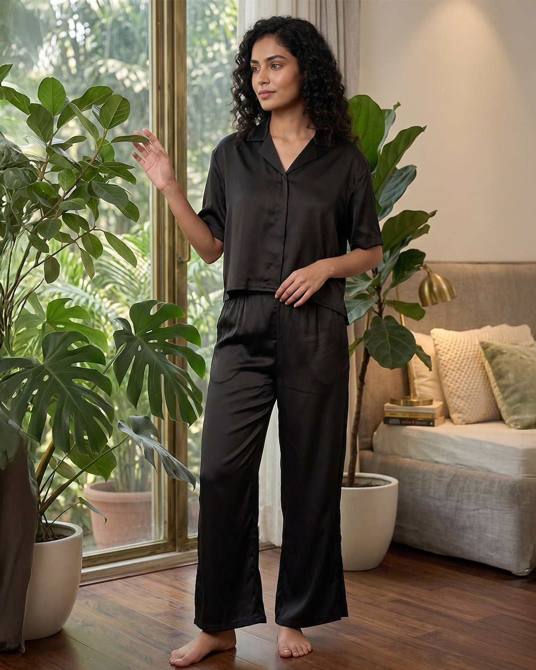 TrendiVastra Women Short Sleeve Co-Ord Set Casual Wear Style 2 in Black co-ord set, modern design, short sleeve, side view