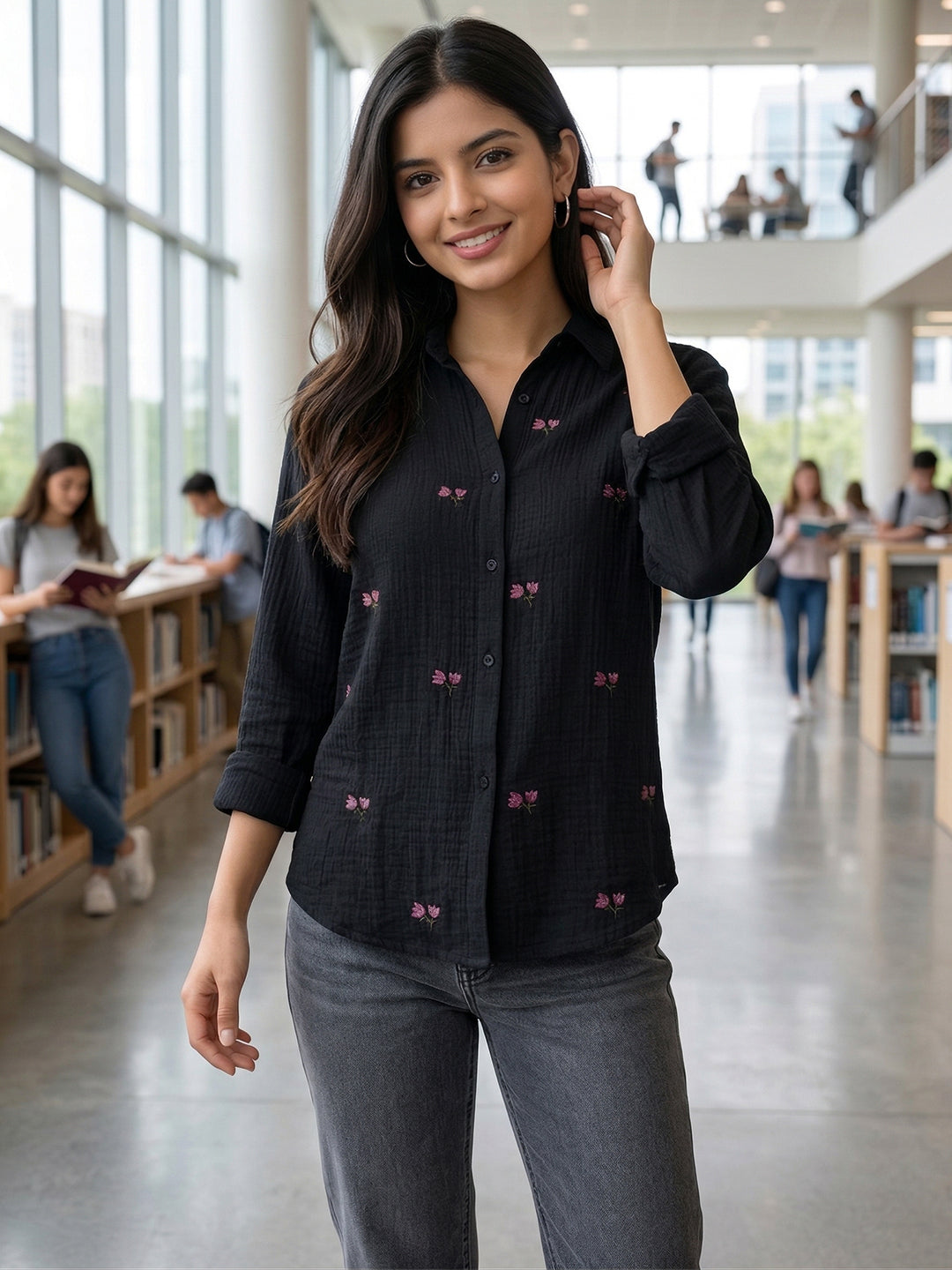 TrendiVastra Women Regular Fit Full Sleeve Shirt Collar Office Wear in Black shirt, modern design, full sleeve, collar