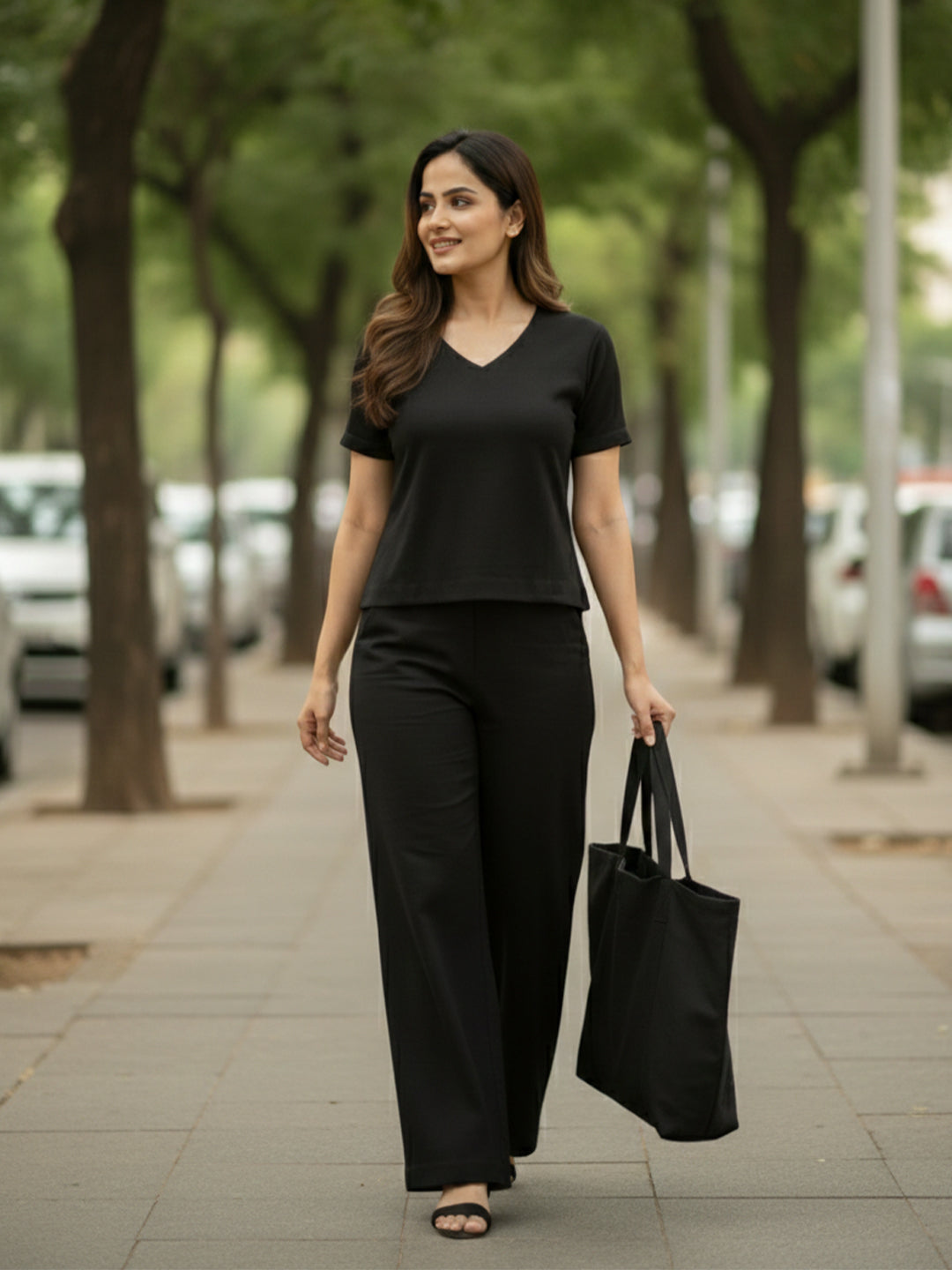 TrendiVastra Women Short Sleeve Co-Ord Set Casual Wear in Black co-ord set, modern design, short sleeve, front view