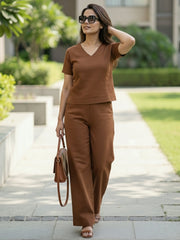 TrendiVastra Women Short Sleeve Co-Ord Set Casual Wear in Brown co-ord set, modern design, short sleeve, front view