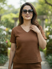 TrendiVastra Women Short Sleeve Co-Ord Set Casual Wear in Brown co-ord set, modern design, short sleeve, style detail view