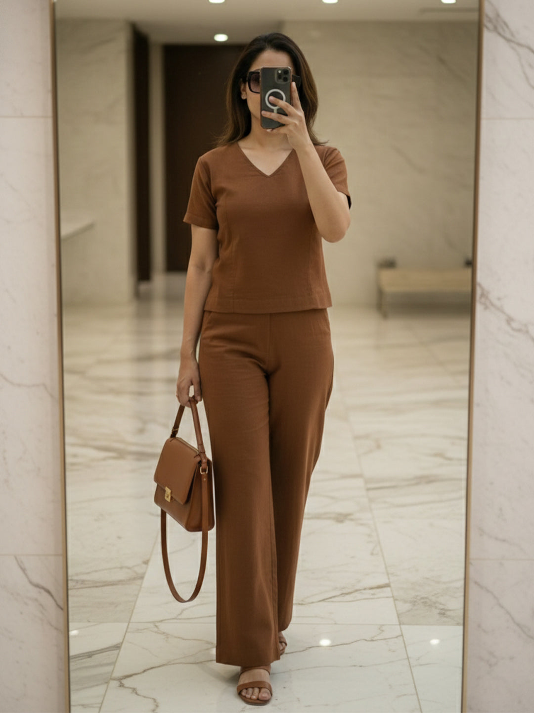 TrendiVastra Women Short Sleeve Co-Ord Set Casual Wear in Brown co-ord set, modern design, short sleeve, fabric detail view