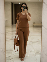 TrendiVastra Women Short Sleeve Co-Ord Set Casual Wear in Brown co-ord set, modern design, short sleeve, fabric detail view