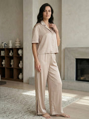 TrendiVastra Women Short Sleeve Co-Ord Set Casual Wear in Beige co-ord set, modern design, short sleeve, style detail view
