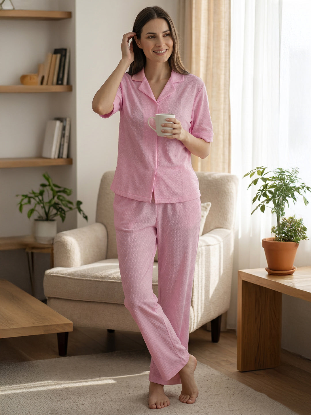TrendiVastra Women Short Sleeve Co-Ord Set Casual Wear in Baby Pink co-ord set, modern design, short sleeve, side view