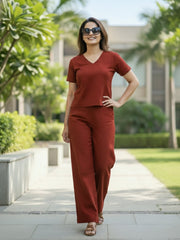 TrendiVastra Women Short Sleeve Co-Ord Set Casual Wear in Maroon co-ord set, modern design, short sleeve, front view