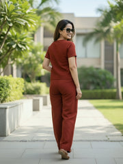 TrendiVastra Women Short Sleeve Co-Ord Set Casual Wear in Maroon co-ord set, modern design, short sleeve, side view