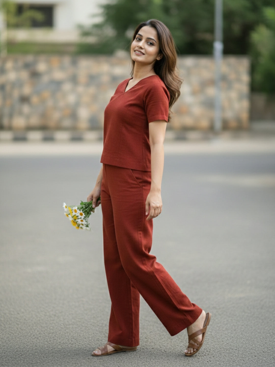 TrendiVastra Women Short Sleeve Co-Ord Set Casual Wear in Maroon co-ord set, modern design, short sleeve, look 6 view