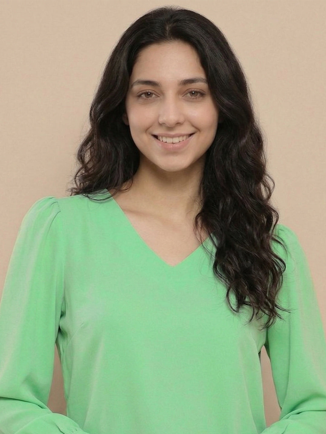 TrendiVastra Women Solid Regular Fit V Neck Top Office Wear in Off White top, solid design, V neck, regular fit, look 17 view
