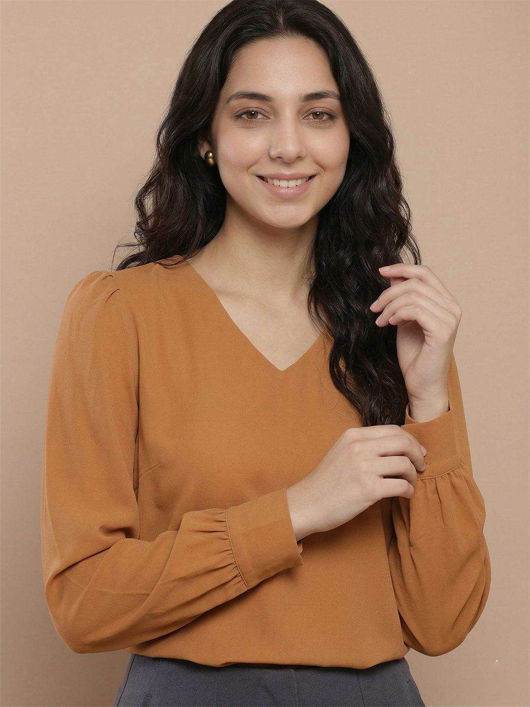 TrendiVastra Women Solid Regular Fit V Neck Top Office Wear Style 1 in Light Pink top, solid design, V neck, regular fit