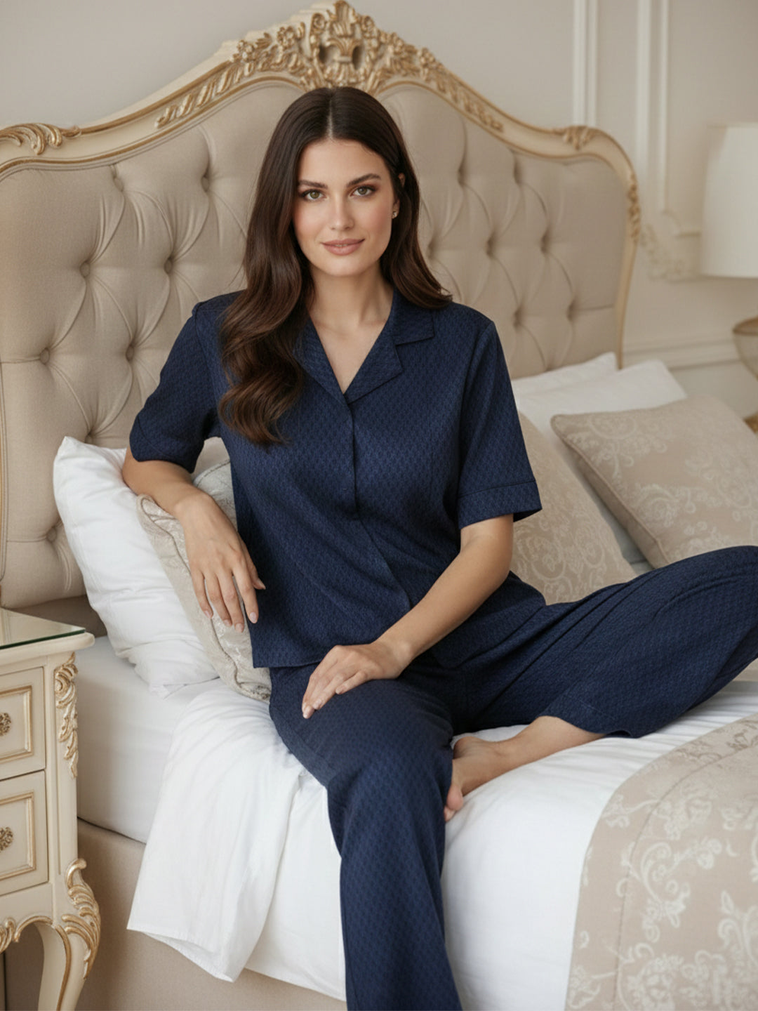 TrendiVastra Women Short Sleeve Co-Ord Set Casual Wear Style 1 in Navy Blue co-ord set, modern design, short sleeve, front