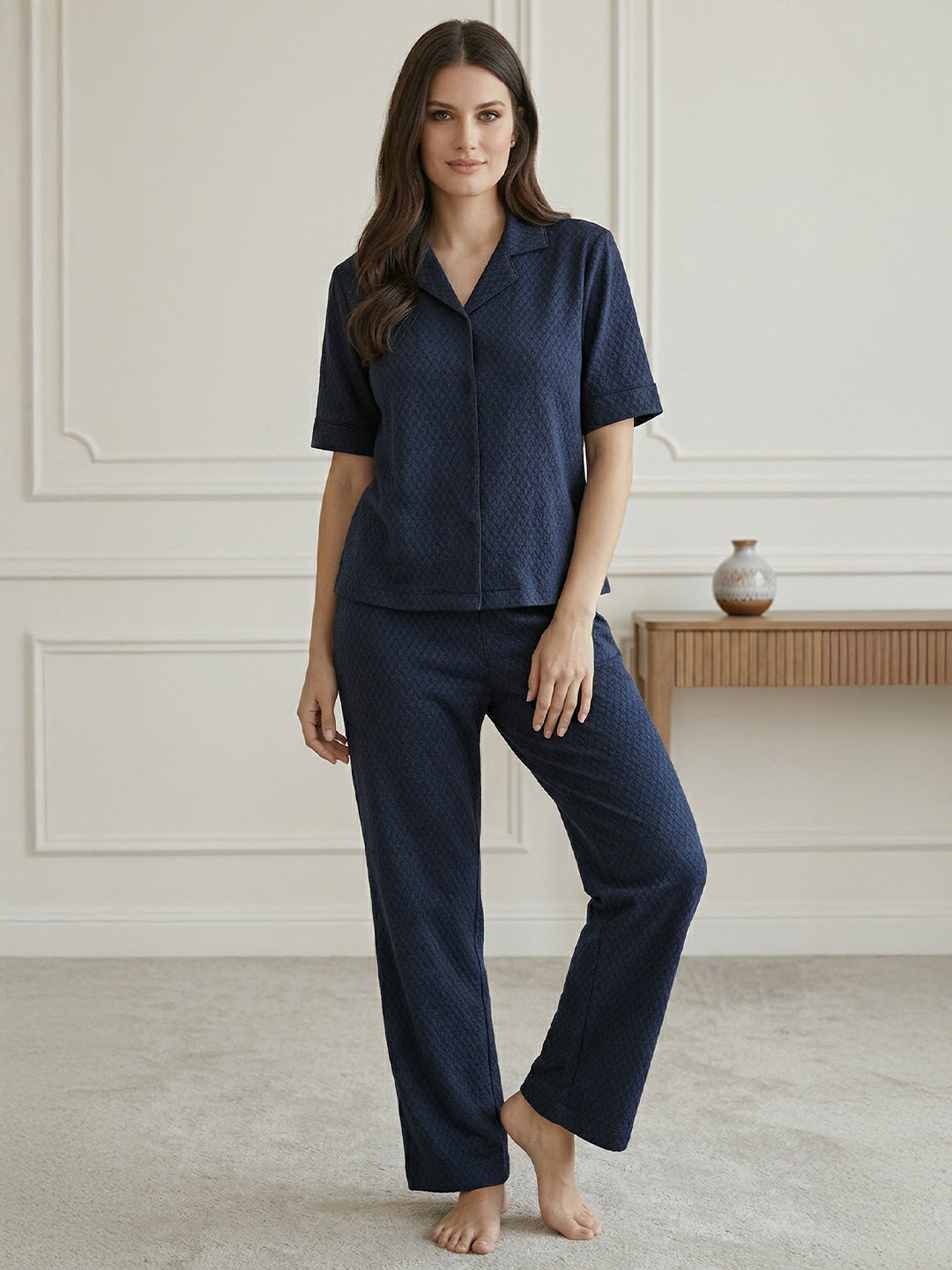 TrendiVastra Women Short Sleeve Co-Ord Set Casual Wear Style 1 in Navy Blue co-ord set, modern design, short sleeve, side