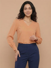 TrendiVastra Women Solid Regular Fit V Neck Top Office Wear in Light Orange top, solid design, V neck, regular fit, look 33
