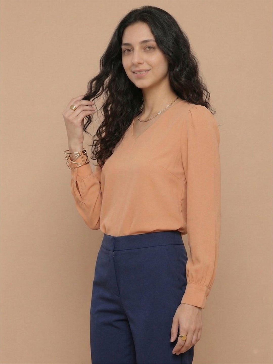 TrendiVastra Women Solid Regular Fit V Neck Top Office Wear in Light Orange top, solid design, V neck, regular fit, look 35