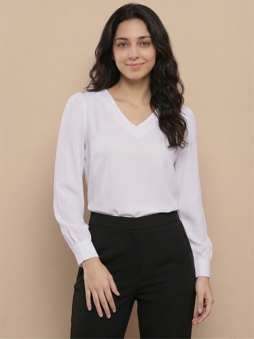 TrendiVastra Women Solid Regular Fit V Neck Top Office Wear Style 1 in Light Pink top, solid design, V neck, regular fit