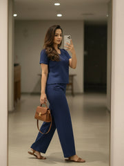 TrendiVastra Women Short Sleeve Co-Ord Set Casual Wear in Royal Blue co-ord set, modern design, short sleeve, fabric detail