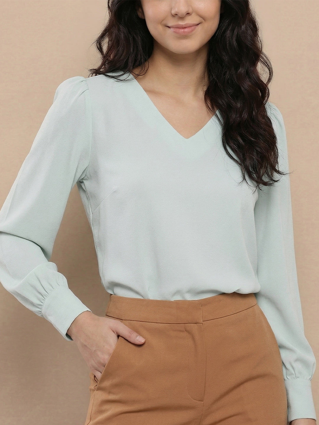 TrendiVastra Women Solid Regular Fit V Neck Top Office Wear Style 1 in Baby Pink top, solid design, V neck, regular fit, look