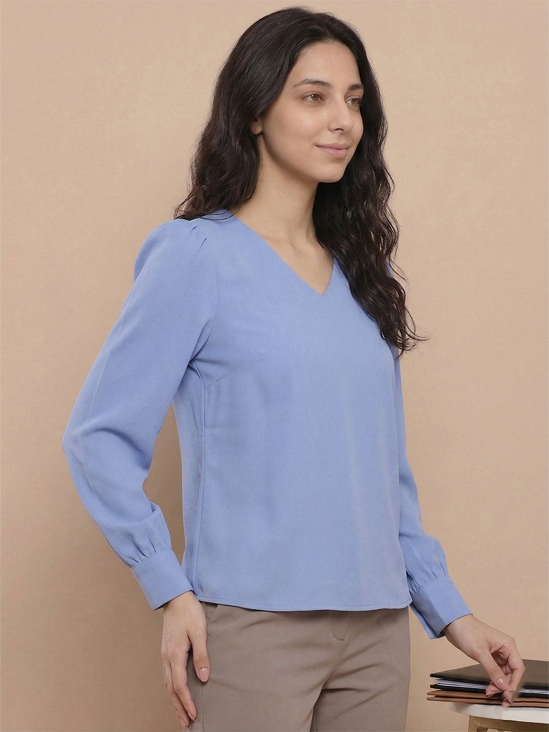 TrendiVastra Women Solid Regular Fit V Neck Top Office Wear Style 1 in Sky Blue top, solid design, V neck, regular fit, style