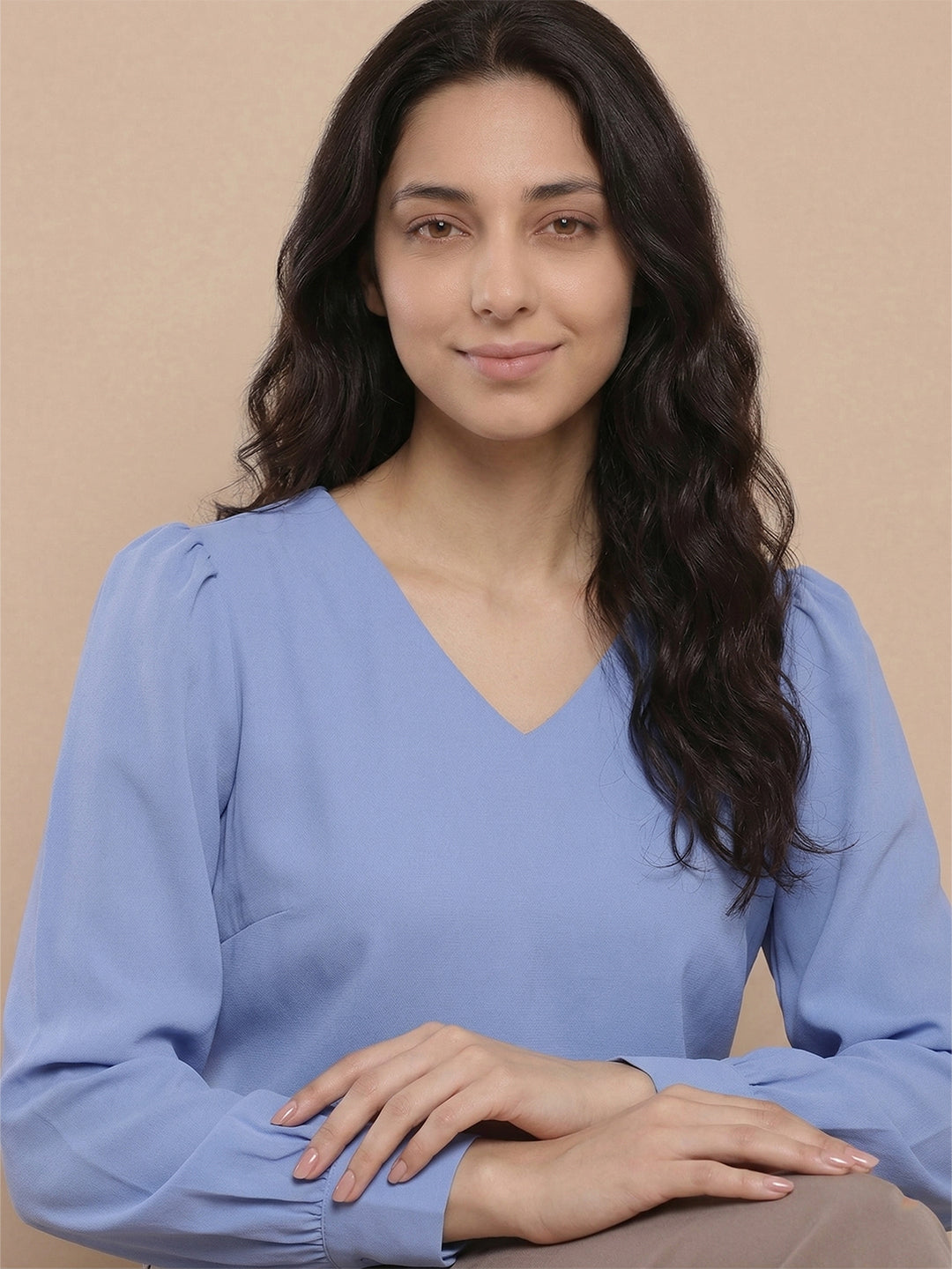 TrendiVastra Women Solid Regular Fit V Neck Top Office Wear Style 1 in Cream top, solid design, V neck, regular fit, fabric