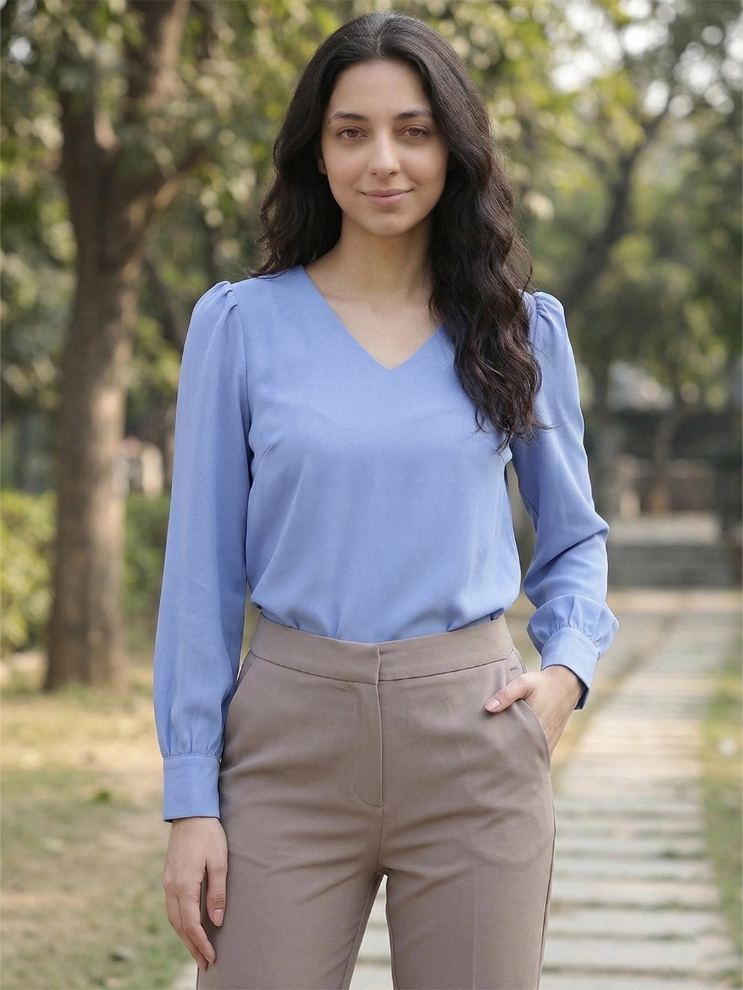TrendiVastra Women Solid Regular Fit V Neck Top Office Wear Style 1 in Sky Blue top, solid design, V neck, regular fit, front