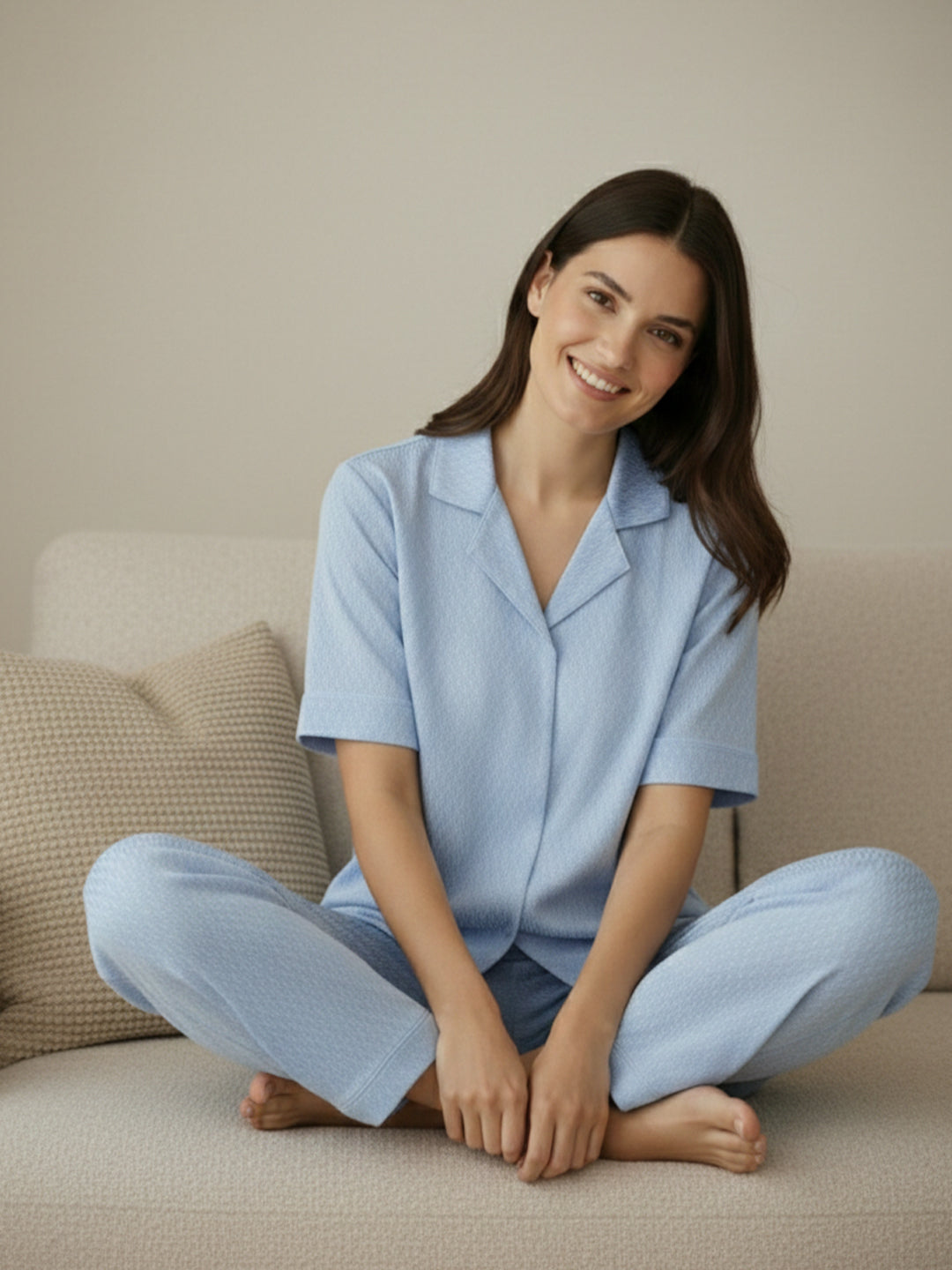 TrendiVastra Women Short Sleeve Co-Ord Set Casual Wear in Sky Blue co-ord set, modern design, short sleeve, side view