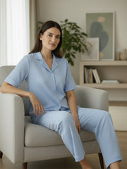 TrendiVastra Women Short Sleeve Co-Ord Set Casual Wear in Sky Blue co-ord set, modern design, short sleeve, style detail view