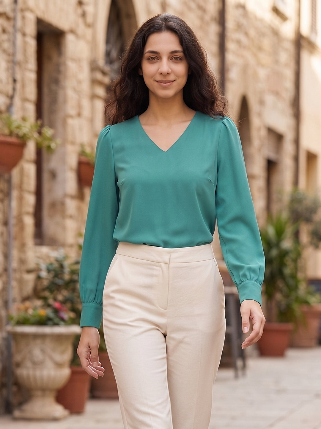 TrendiVastra Women Solid Regular Fit V Neck Top Office Wear in Teal Blue top, solid design, V neck, regular fit, front view