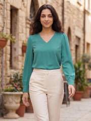 TrendiVastra Women Solid Regular Fit V Neck Top Office Wear in Teal Blue top, solid design, V neck, regular fit, front view