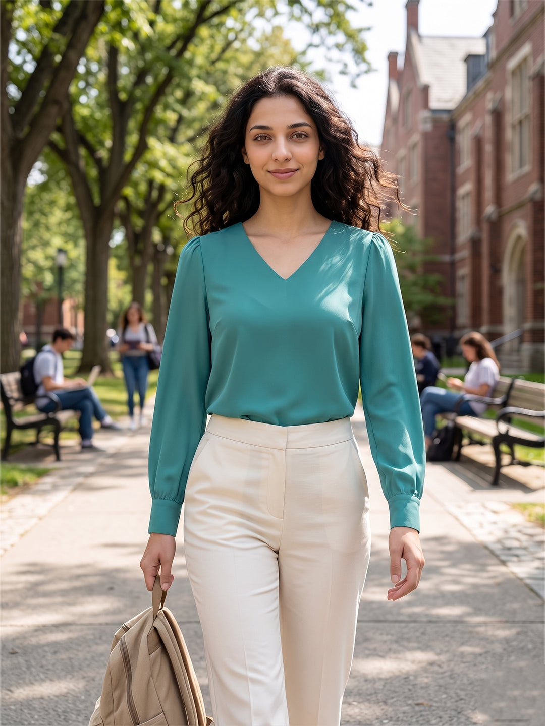 TrendiVastra Women Solid Regular Fit V Neck Top Office Wear in Teal Blue top, solid design, V neck, regular fit, side view
