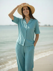 TrendiVastra Women Short Sleeve Co-Ord Set Casual Wear in Turquoise co-ord set, modern design, short sleeve, front view