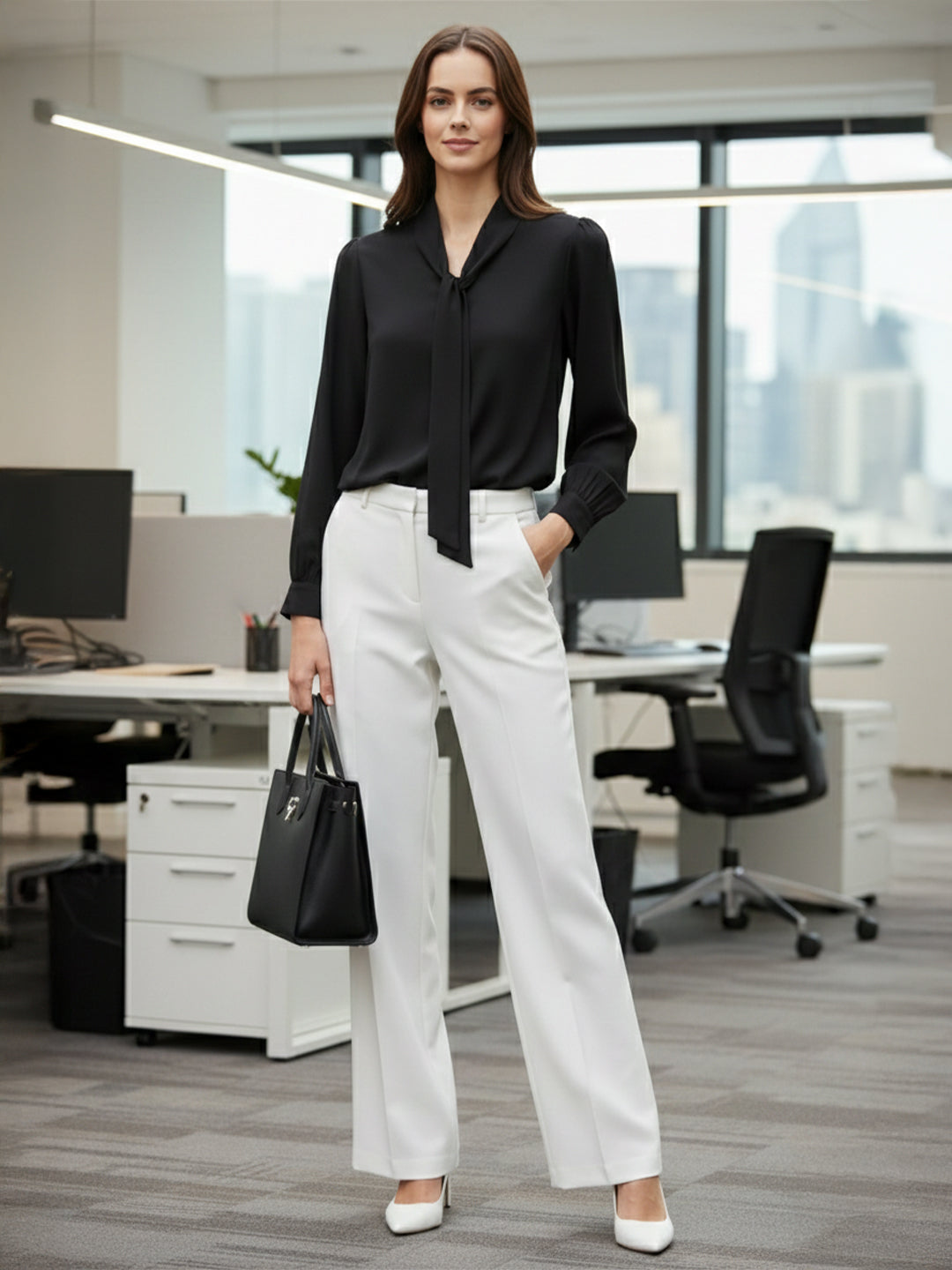 TrendiVastra Women Solid 3/4 Sleeve Top Office Wear in Black top, solid design, 3/4 sleeve, front view