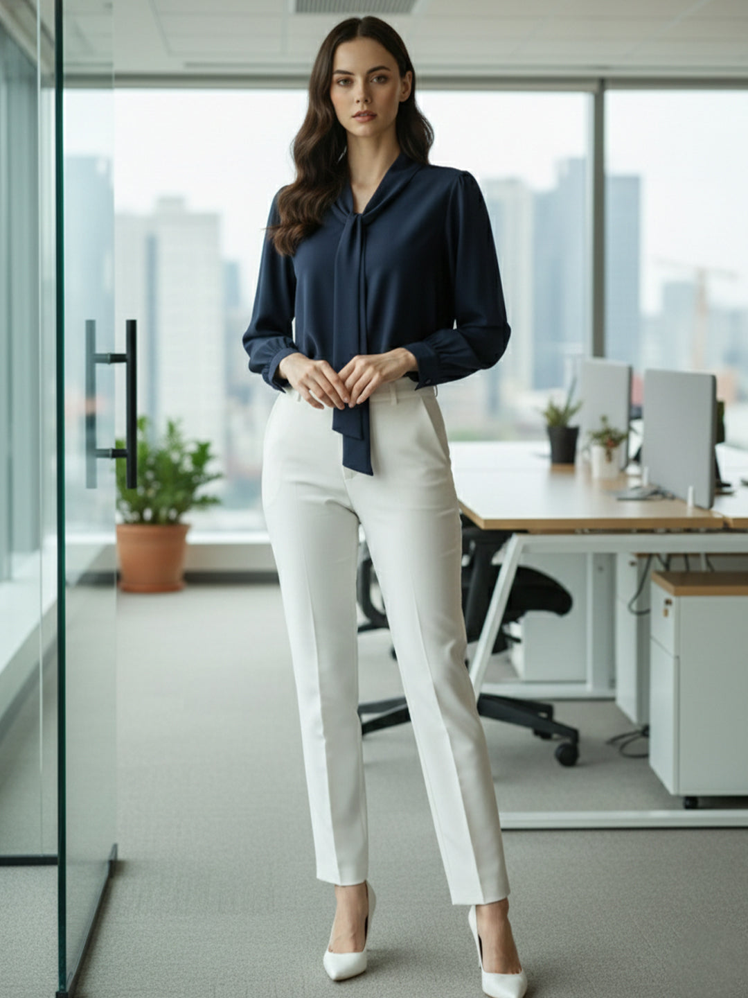 TrendiVastra Women Solid Top Office Wear in Navy Blue top, solid design, front view